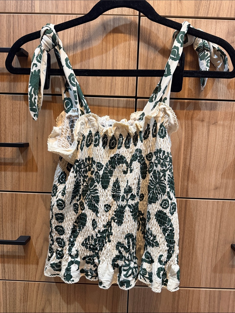 Sandro Green and Cream Smocked Tie-Shoulder Tank - 2/Medium (6-8)